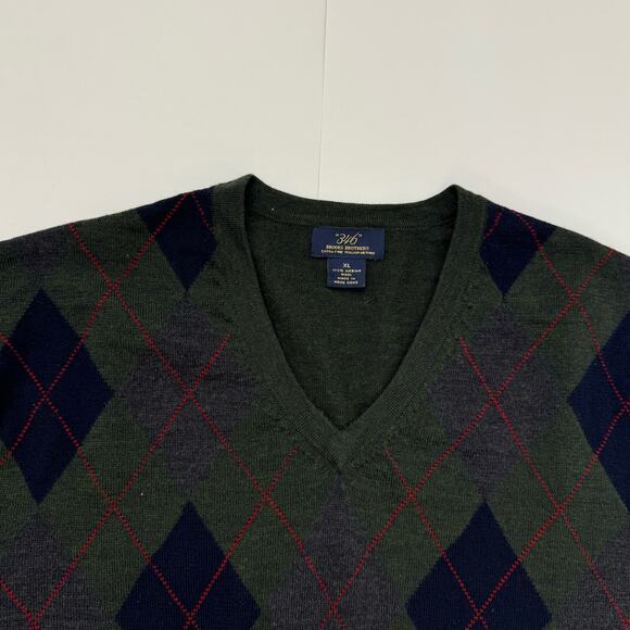 Brooks Brothers 346 Merino Wool V-Neck Pullover Sweater Dark Green Argyle | XL - Picture 3 of 9